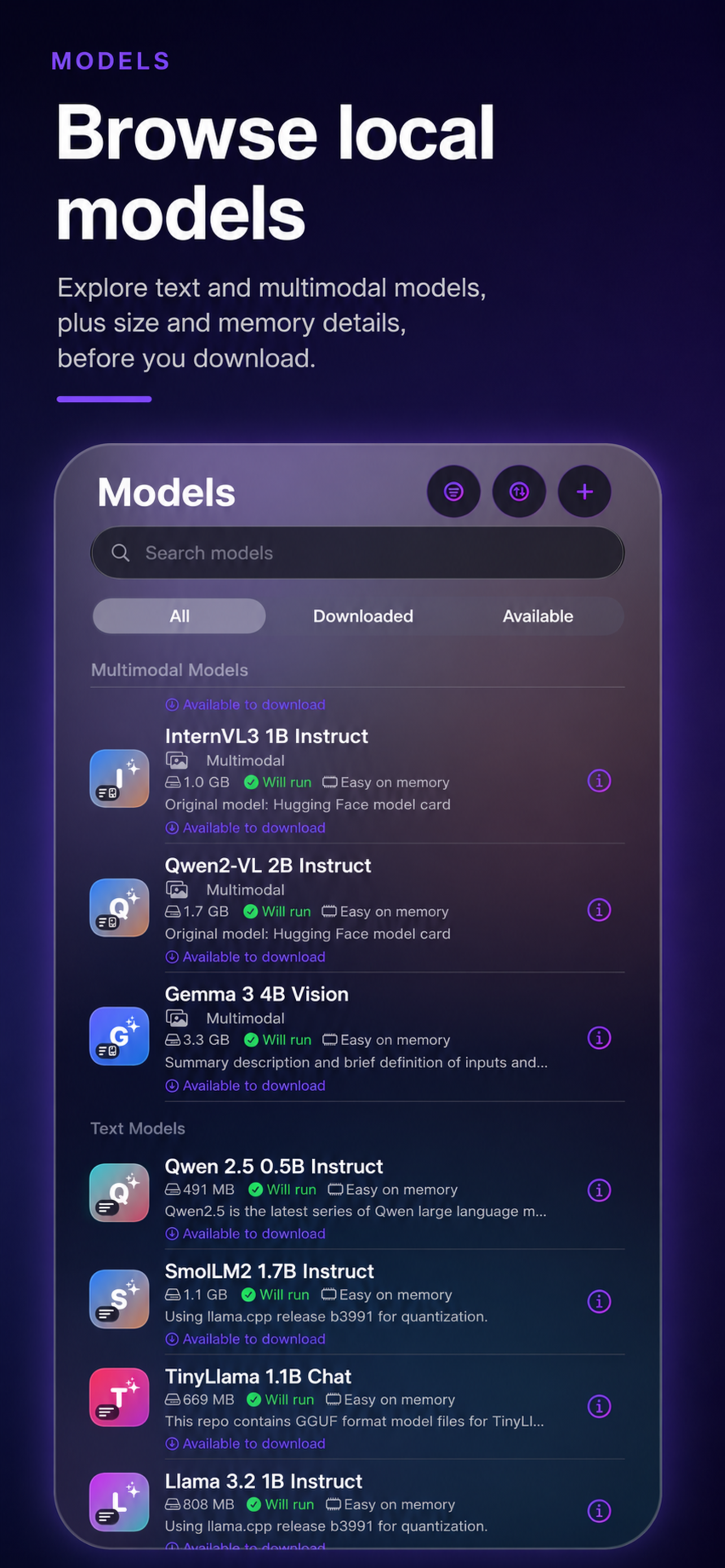 Pebble Mind model library showing local model options